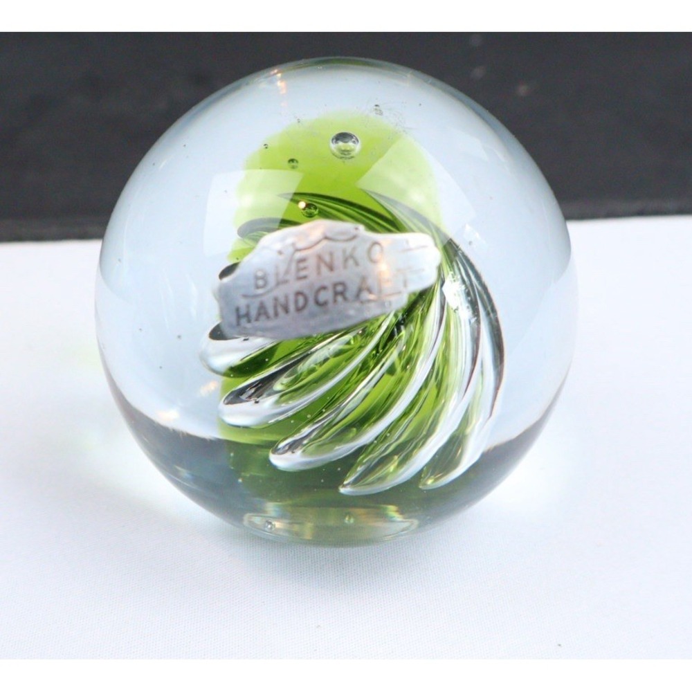 VTG Blenko Hand Blown Glass Swirl 3" Paperweight Green 1+ lbs Original Sticker